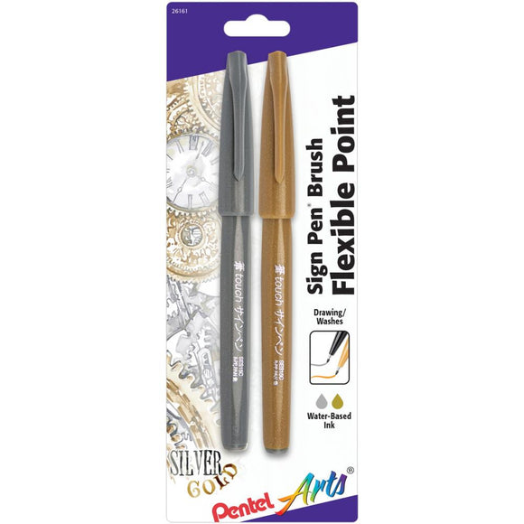 Pentel Arts Sign Pens With Brush Tip 2/Pkg