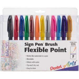 Pentel Arts Sign Pens With Brush Tip 12/Pkg